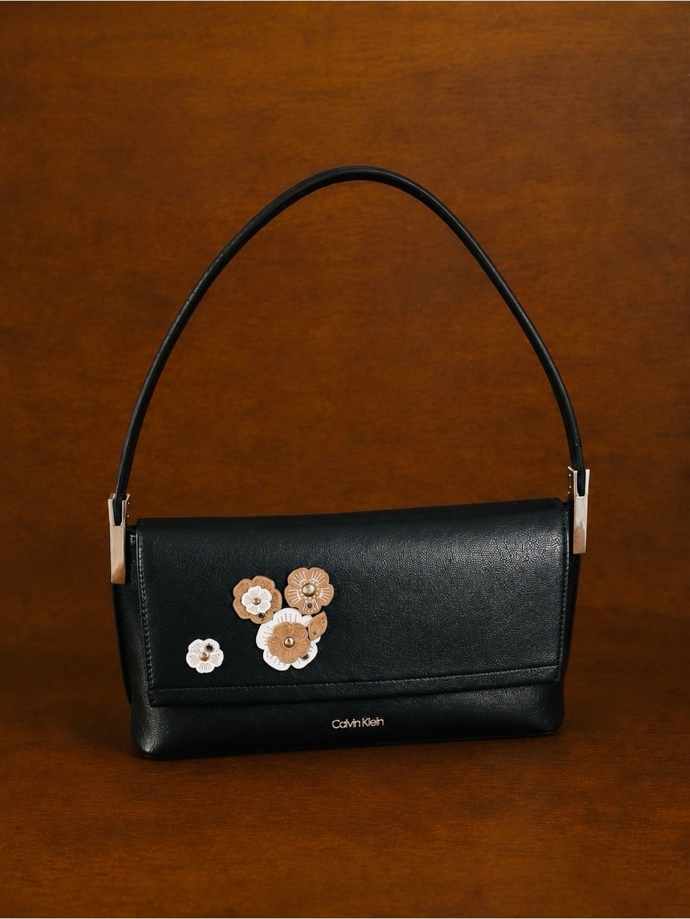 Calvin Klein Black Leather Shoulder Bag with Floral Accents